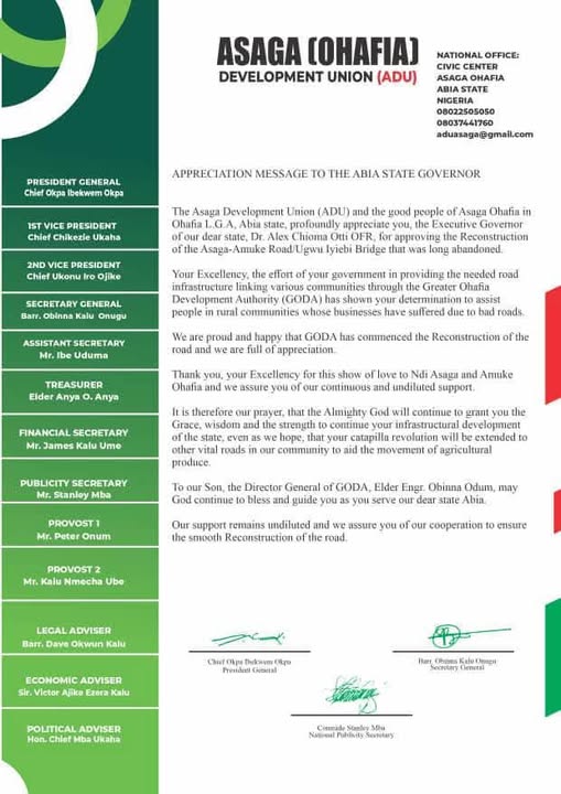 ASAGA COMMUNITY APPLAUDS GOVERNOR OTTI FOR APPROVING THE REHAB OF AMUKE ROAD